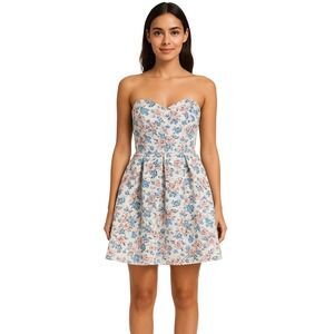 SANS SOUCI Womens Dress Size M White Blue Pink Floral Strapless Fit & Flare
